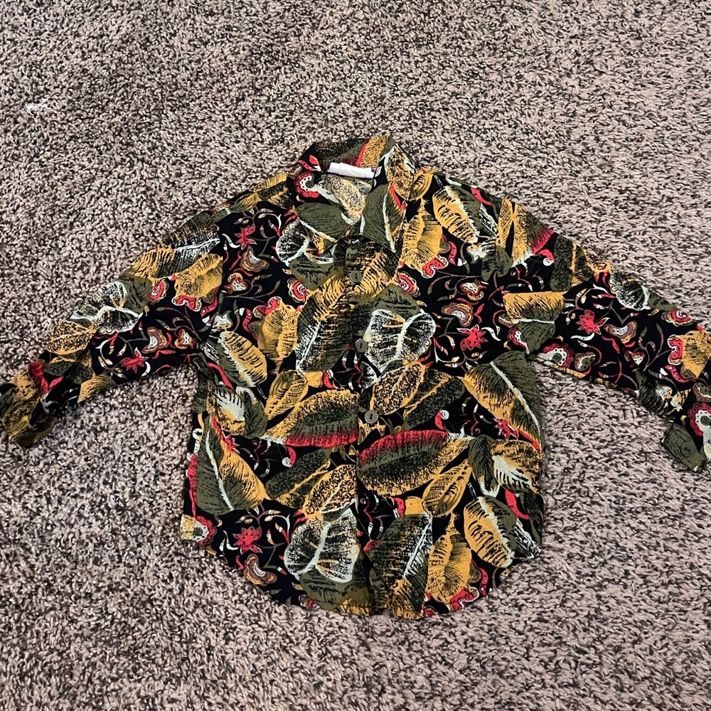Vintage 90s Kids Oversized Long-Sleeve Leaf Print Shirt - Black, Yellow & Green